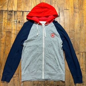 Converse All Star Zip-Up Hoodie Men's L Gray Navy Long Sleeve Ribbed Hem Outdoor
